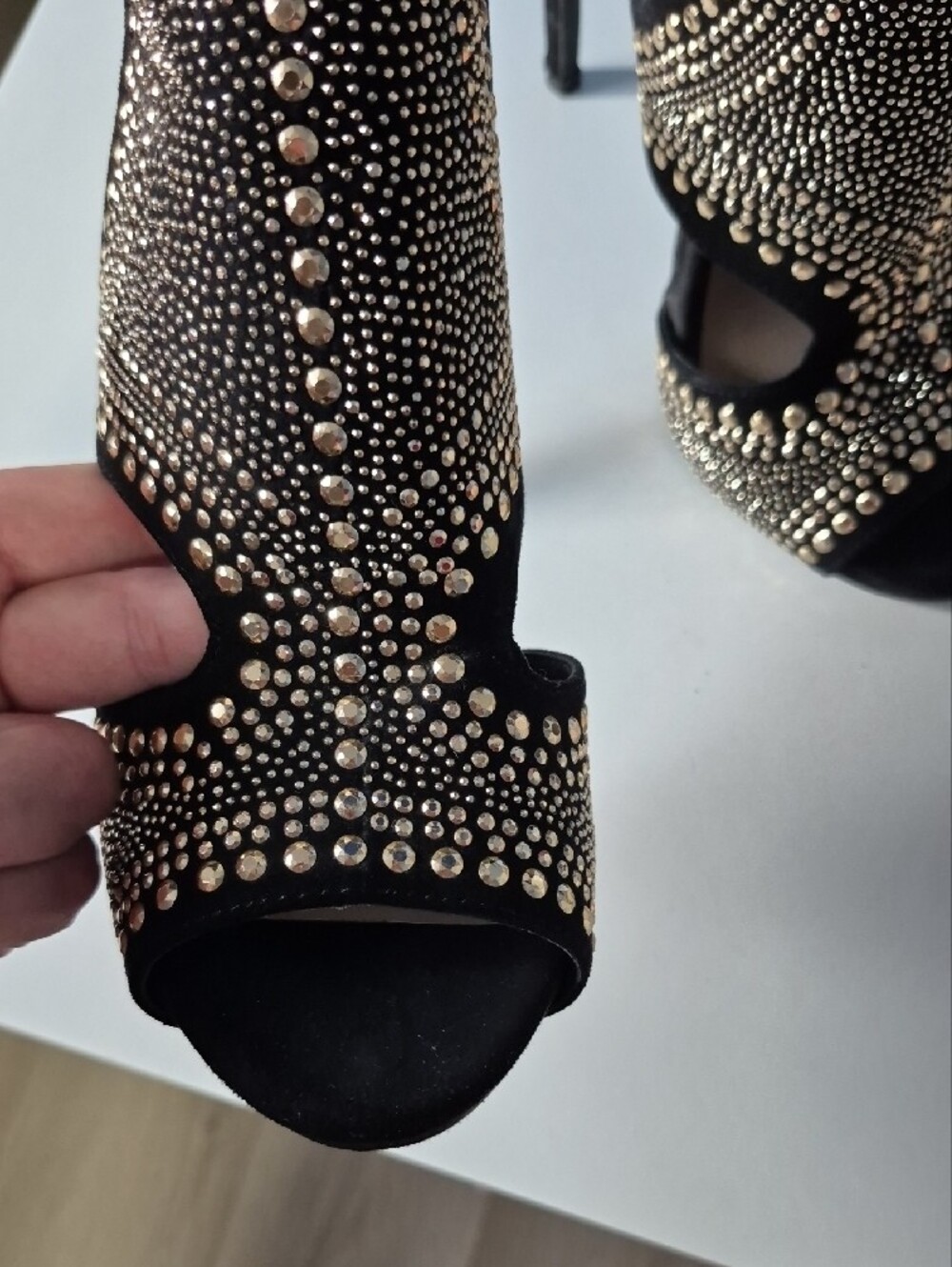 Lux Black Suede Open-Toe Ankle-Strap Heels with Gold Stud Embellishment - Picture 3 of 4